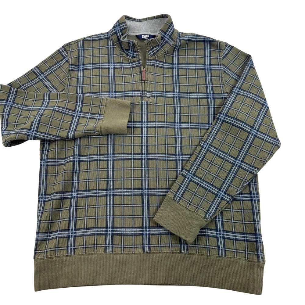 Lands End Sweatshirt Mens Large Green Plaid 1/4 Zip Mock Neck Cotton Pullover